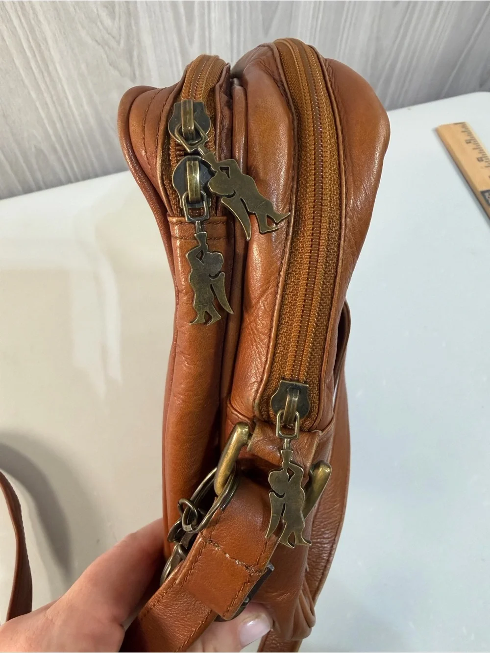 American Angel Leather Crossbody Bag Wallet Purse Cognac Tan Vintage Brass Zip